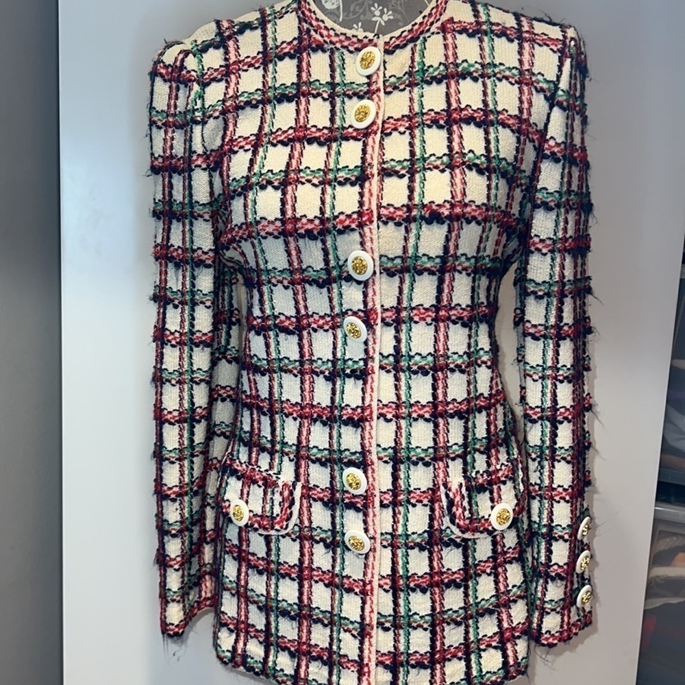 Lihli Sz 6 Saks Fifth Avenue Cream Red Green Blue Knit Cardigan Jacket